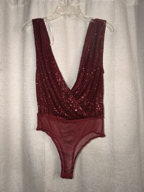 Lulus Fancy Red Dazzled Low Cut Front Bad Back Body Suit Size Small
